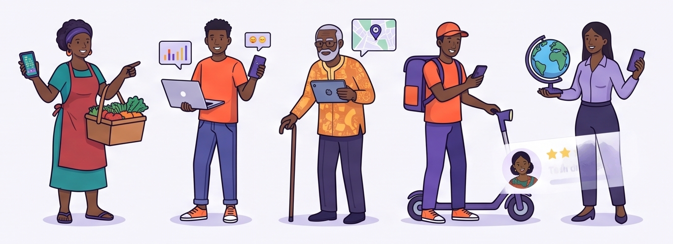 A market vendor, a student, an elder, a rider, and a founder — all Gisters, all connected
