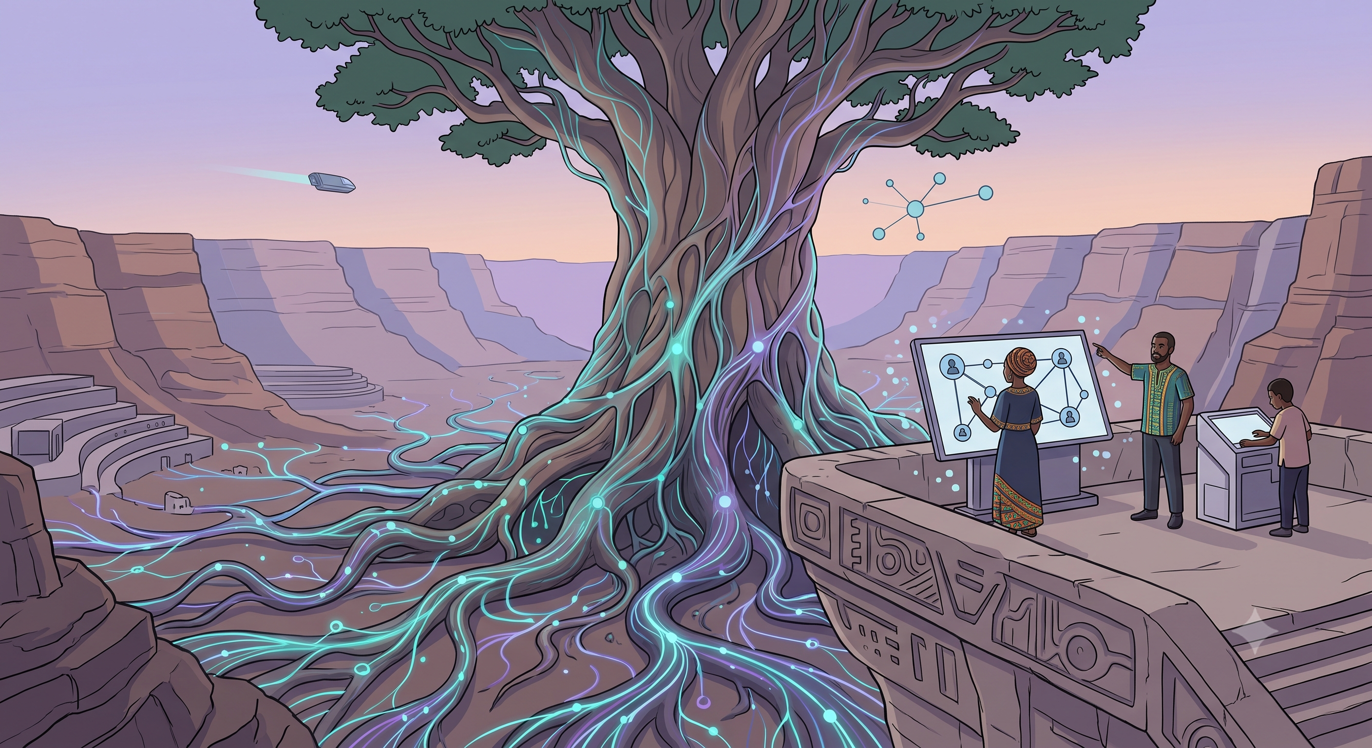 A tree with glowing roots spreading beneath a small team reading a network map